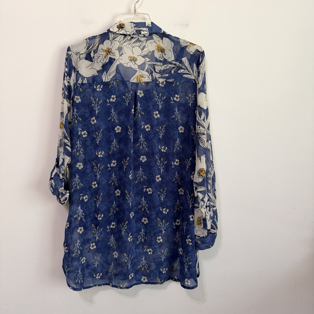 Figueroa & Flower Tunic XL Sheer Blue Floral Chiffon Tank Roll Tab Sleeve‎ NEW - Picture 8 of 9
